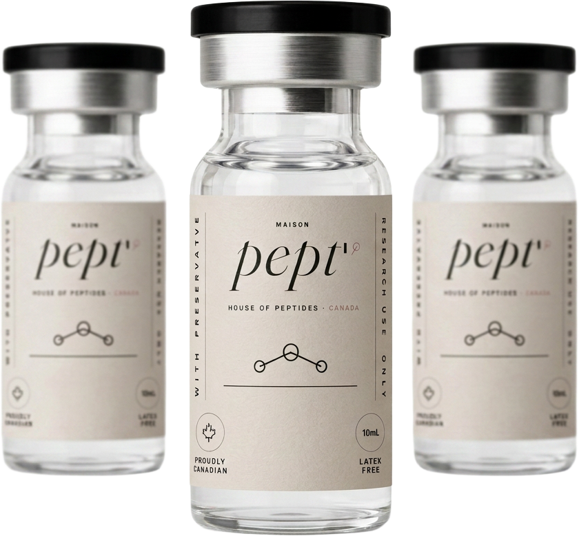 Three Maison Pepti research vials, one in front of two